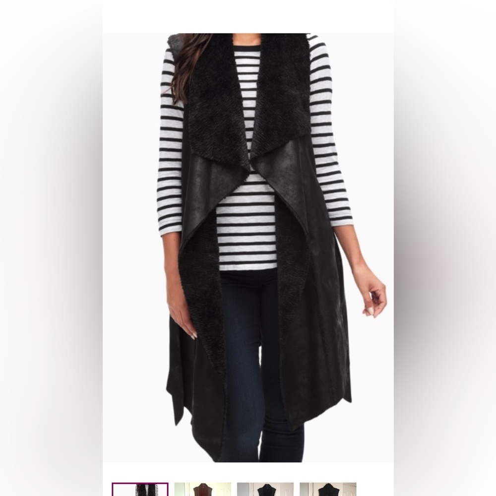Splendid by Anthropologie Black Fuzzy Vest Faux Leather with Belt pockets NWOT